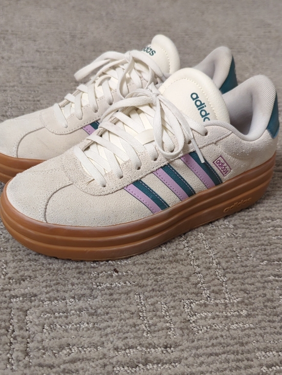 adidas Shoes - adidas Women's Suede Platform Sneakers in Cream with Teal & Lavender Stripes